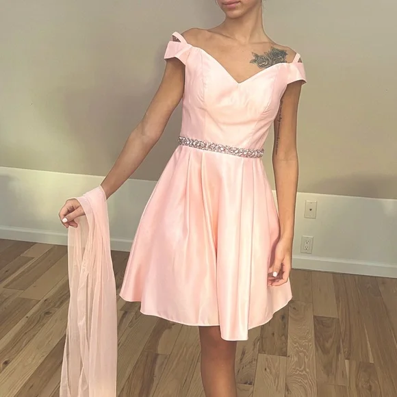 strapless open back dress Queen of Sparkles Light Pink Rhinestone Bow Tank M main image 1